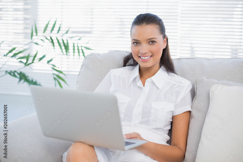 Cheerful pretty woman using laptop