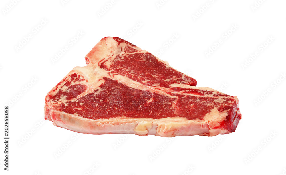 Close up raw beef T-bone steak isolated on white Close up raw beef T-bone steak isolated on white