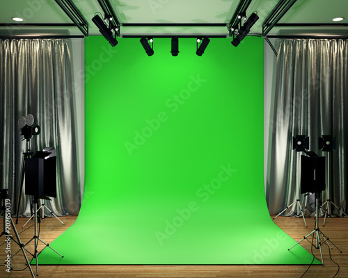 Valokuva Studio BIg - Modern Film Studio with Green Screen. 3D rendering