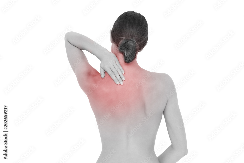 Rear view of a topless fit young woman with shoulder pain over white background Rear view of a topless fit young woman with shoulder pain over white background