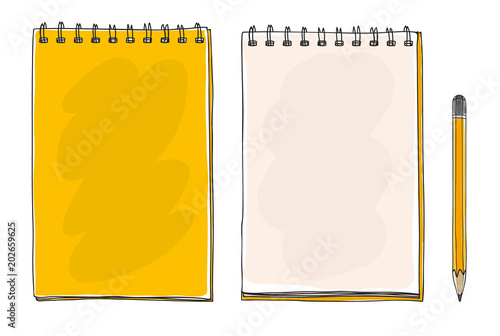 yellow hand drawn notebook and pencil cute art vector illustration