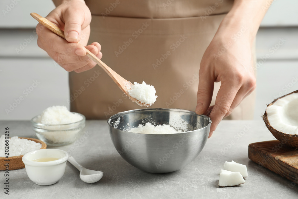 Woman preparing natural body scrub Woman preparing natural body scrub