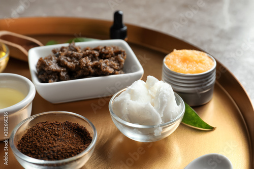 Ingredients for natural body scrub on metal tray