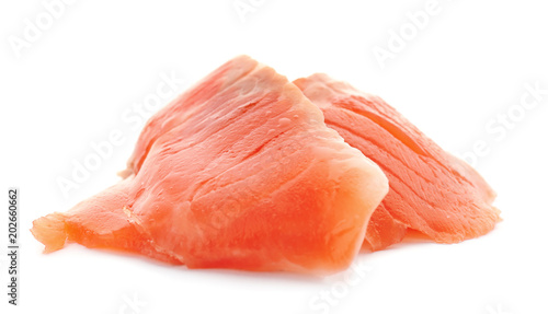 Fresh sliced salmon fillet on white background