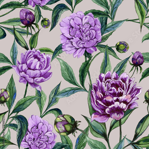 Beautiful purple peony flowers with green leaves on beige background. Seamless floral pattern. Watercolor painting. Hand painted illustration.