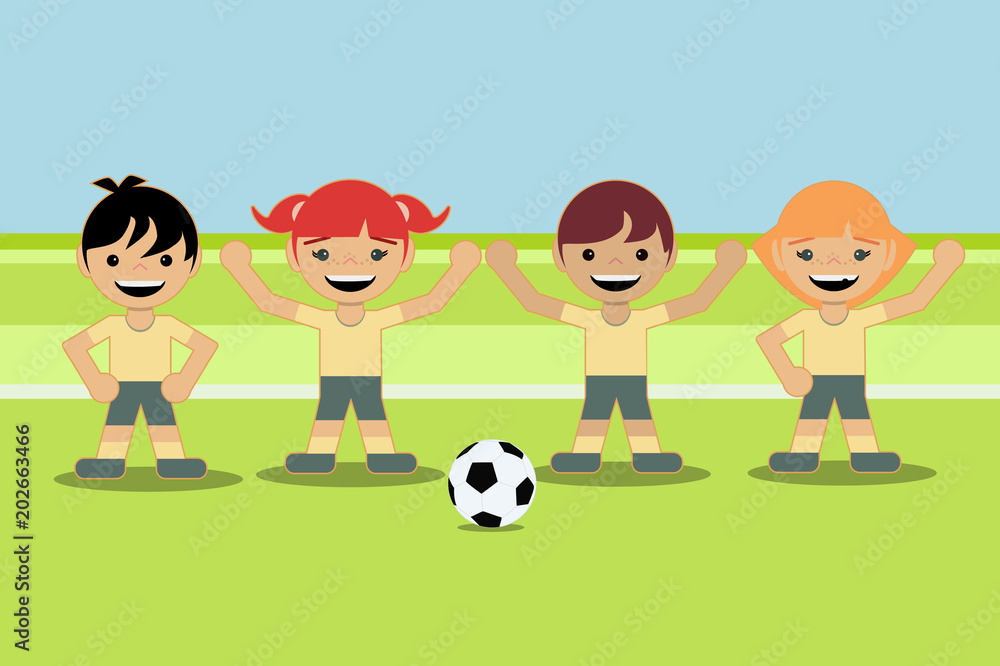 boys and girls playing with a soccer ball on the same team. flat style design