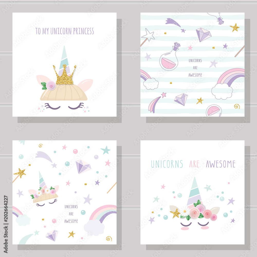 Unicorn cute cards and seamless patterns set. Unicorn cute cards and seamless patterns set.
