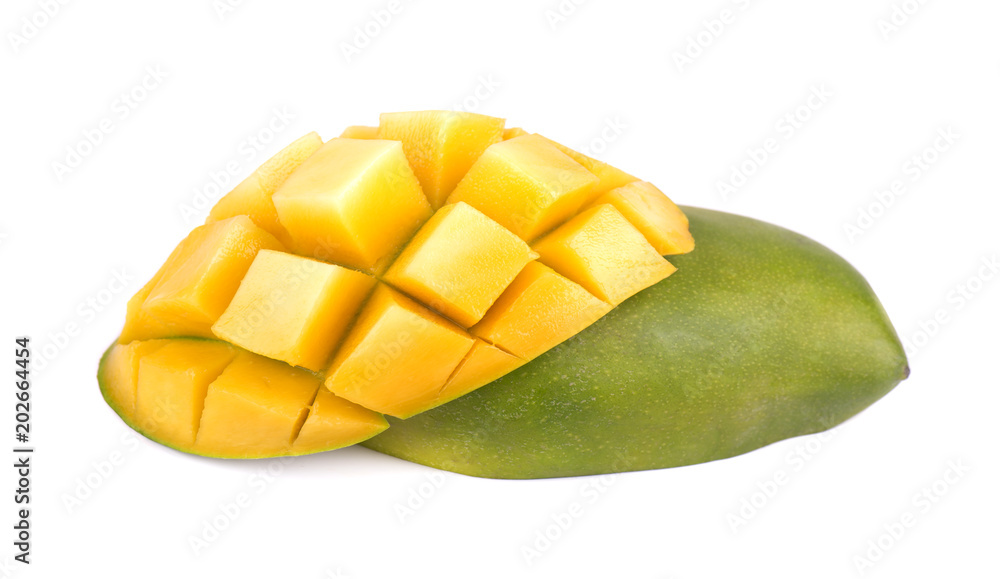 Mango fruit slices, cubes and slices, isolated on a white background. File contains clipping paths. Mango fruit slices, cubes and slices, isolated on a white background. File contains clipping paths.