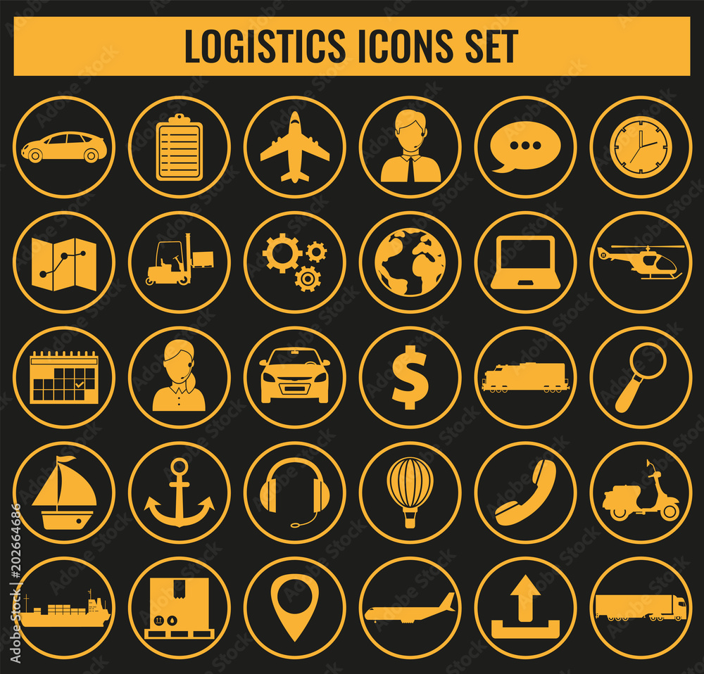 Fototapeta premium Logistics icons set. Delivery and Transportation. Silhouettes. Vector
