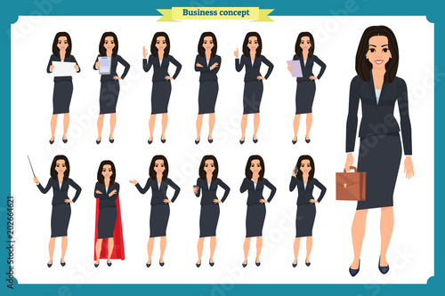 Set of young businesswoman presenting in different poses.People character. Standing, Woman body template for design, presentations work.Isolated on white. Flat style.business