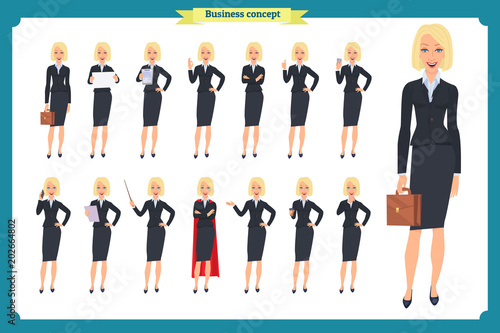 Set of young businesswoman presenting in different poses.People character. Standing, Woman body template for design, presentations work.Isolated on white. Flat style.business