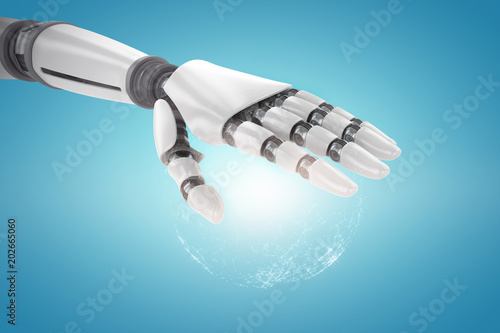 Robotic hand over white background against digitally generated image of illuminated earth