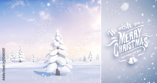 Snow falling against snowy landscape with fir trees