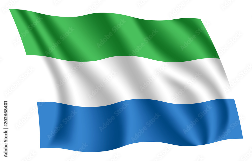 Fototapeta premium Sierra Leone flag. Isolated national flag of Sierra Leone. Waving flag of the Republic of Sierra Leone. Fluttering textile sierra leonean flag.