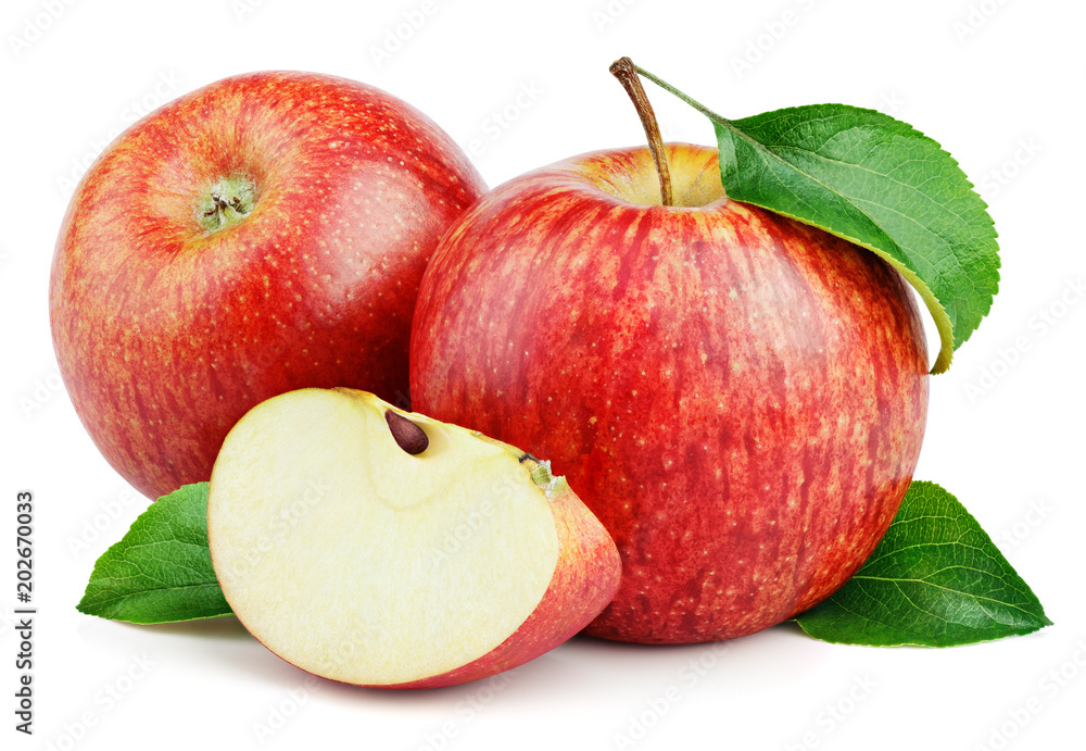 Ripe red apple fruits with apple slice and apple green leaves isolated on white  background. Red apples and leaves with clipping path Photos | Adobe Stock