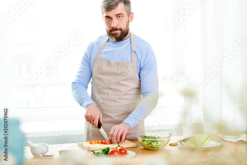 Waist-up portrait shot of confident bearded food vlogger wearing apron looking at camera while explaining his followers how to prepare delicious dish  kitchen interior on background
