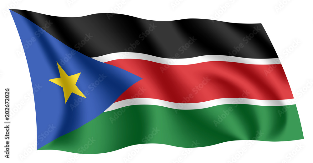 South Sudan flag. Isolated national flag of South Sudan. Waving flag of the Republic of South Sudan. Fluttering textile south sudanese flag. South Sudan flag. Isolated national flag of South Sudan. Waving flag of the Republic of South Sudan. Fluttering textile south sudanese flag.