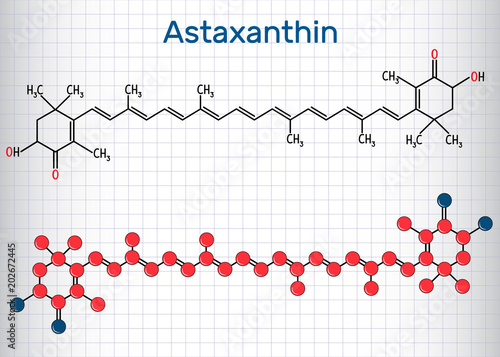 Astaxanthin is a keto-carotenoid. It belongs to class of chemical terpenes. Structural chemical formula and molecule model. Sheet of paper in a cage