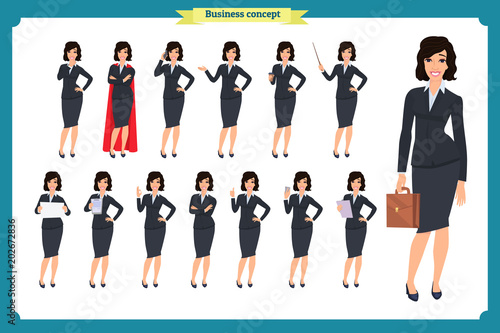 Set of young businesswoman presenting in different poses.People character. Standing, Woman body template for design, presentations work.Isolated on white. Flat style.business