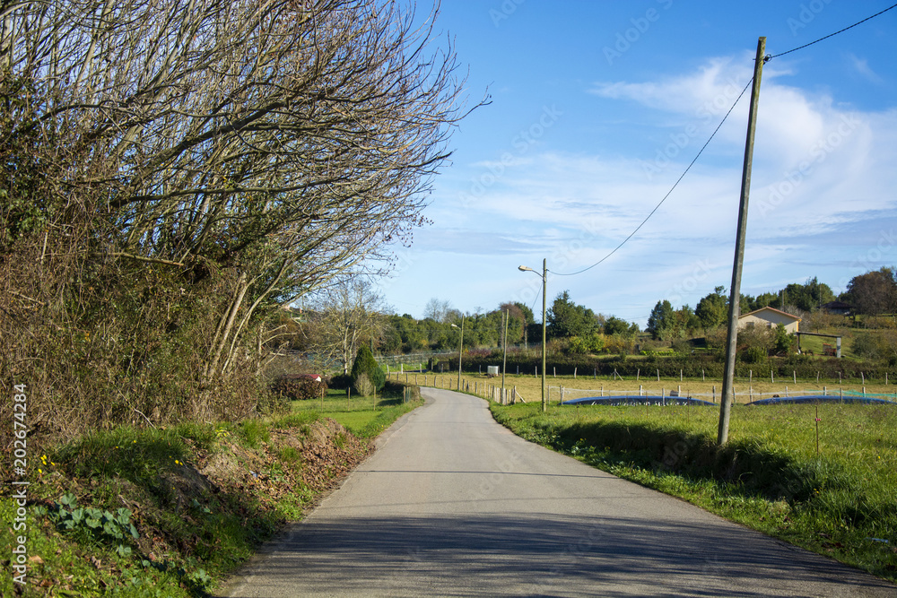 Photo of a landscape with road, blue sky and sunlight