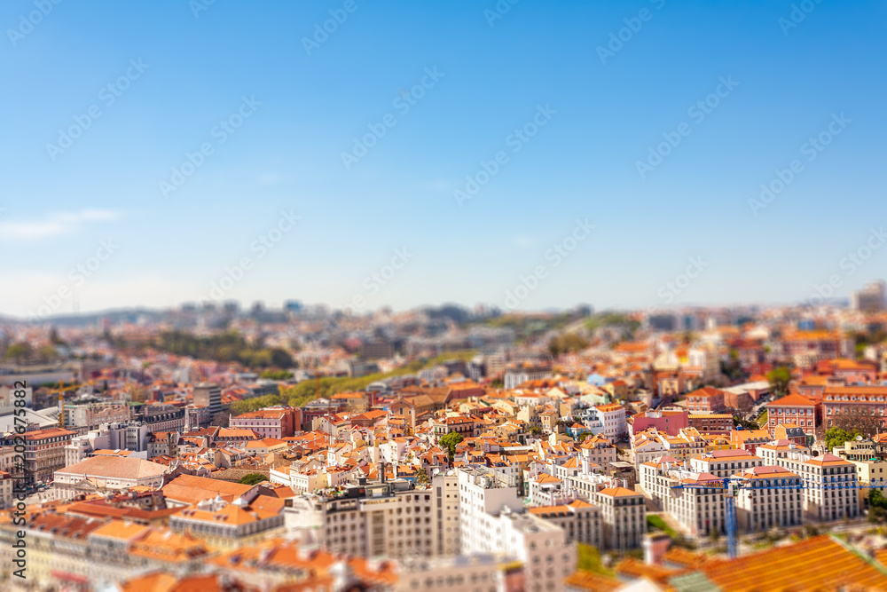 Old Lisbon Portugal panorama. cityscape with roofs. Tagus river. miraduro viewpoint. View from sao jorge castle. minature