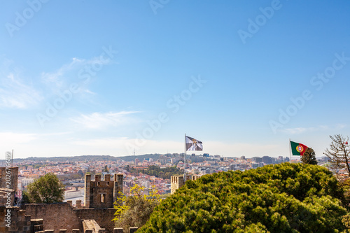 Old Lisbon Portugal panorama. cityscape with roofs. Tagus river. miraduro viewpoint. View from sao jorge castle photo