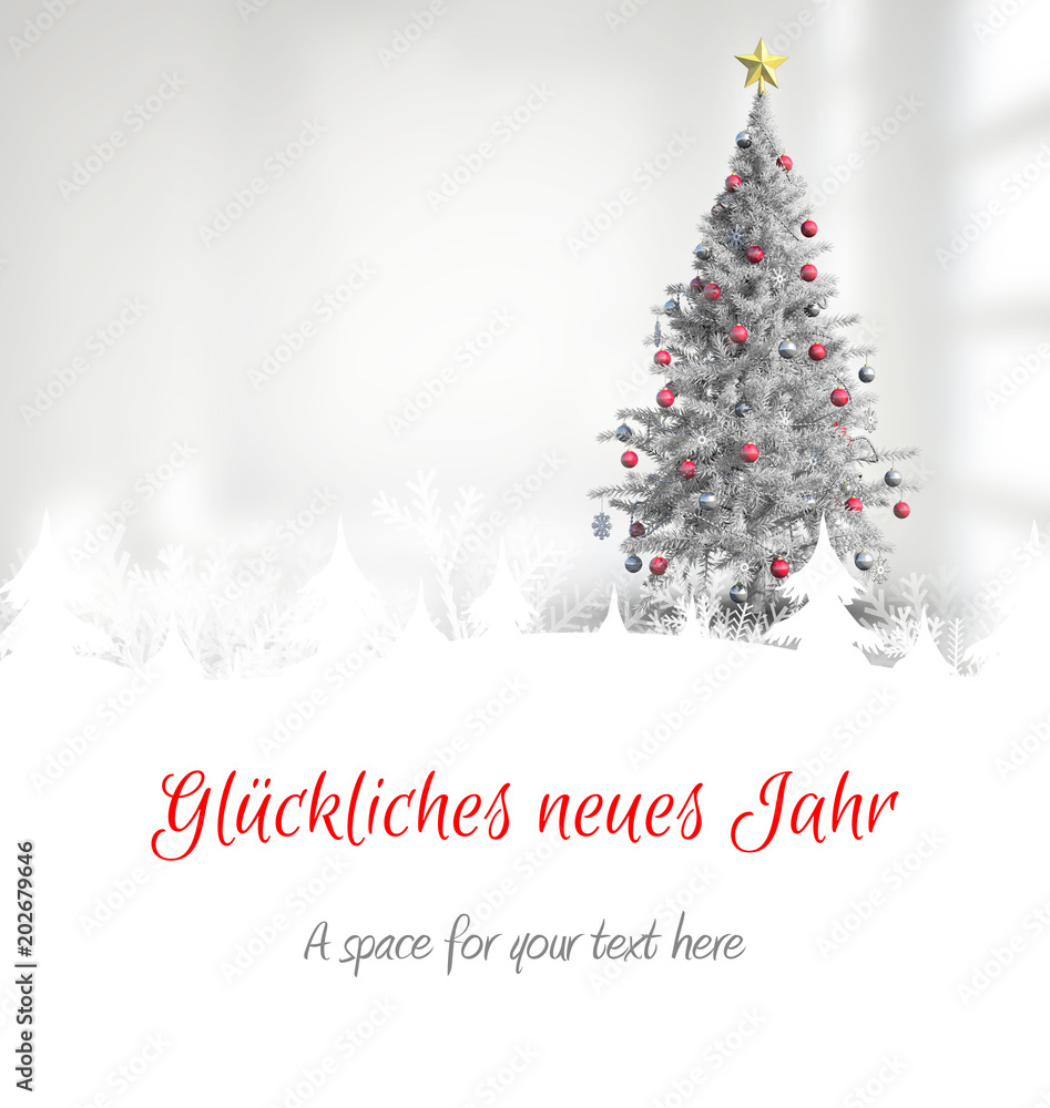 Christmas greeting in german against christmas tree in bright room Christmas greeting in german against christmas tree in bright room