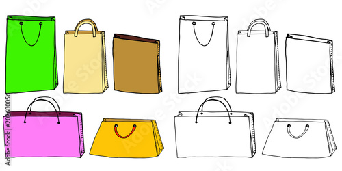 Hand drawn cartoon style shopping paper bags design, black and white doodles, colored sketch on white background. Vector illustrtion.