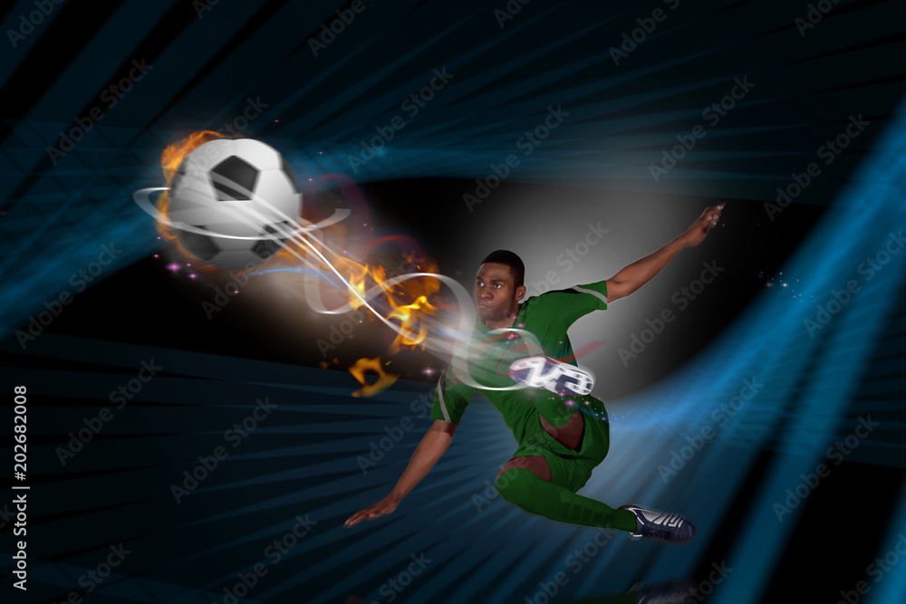 Football player in green kicking against black background with blue grid