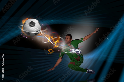Football player in green kicking against black background with blue grid © vectorfusionart