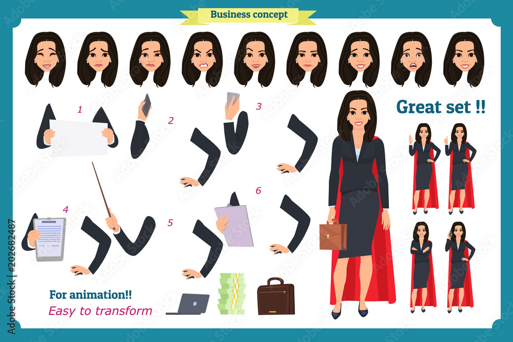 Set of super Businesswoman character design with different poses. Illustration isolated vector on white in flat cartoon style.Blonde Women in office clothes. Business 