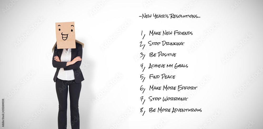 Businesswoman with box over head against white background with vignette Businesswoman with box over head against white background with vignette