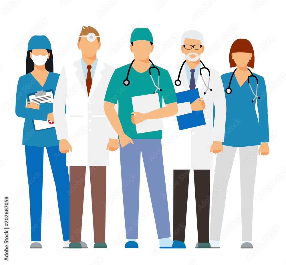 Doctors and assistant in a dressing gown with a stethoscope isolated on a white background. Doctor without a face. vector illustration Doctors and assistant in a dressing gown with a stethoscope isolated on a white background. Doctor without a face. vector illustration