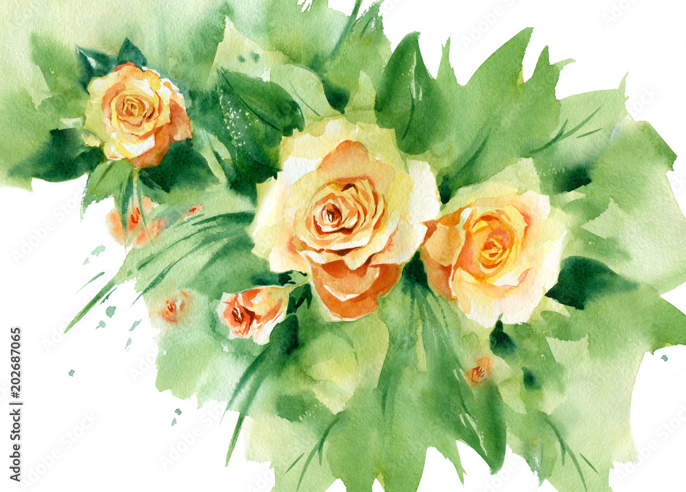 Obraz Malarstwo akwarelowe. Kwiecisty przygotowania róże i liście na białym tle.