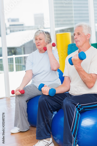 Senior couple lifting dumbbells on exercise ball