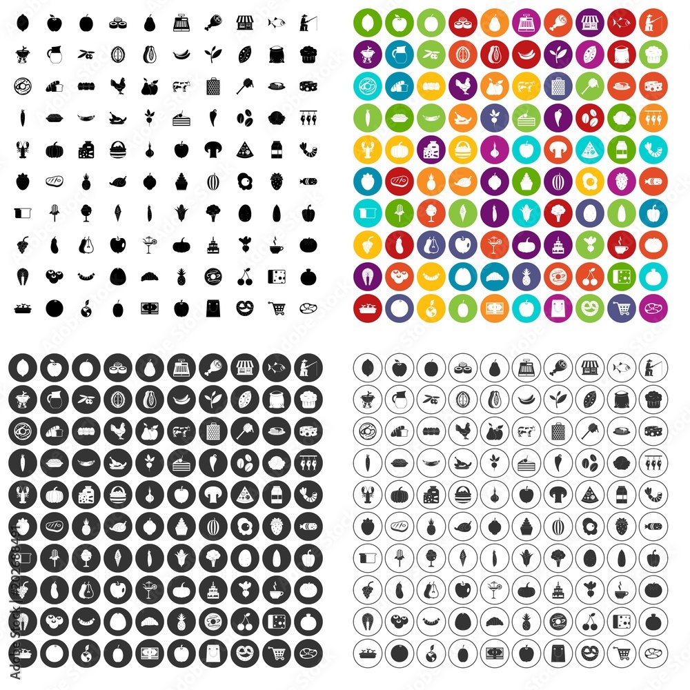 100 natural products icons set vector in 4 variant for any web design isolated on white