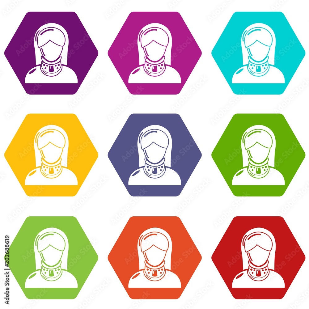 Cervical retainer icons 9 set coloful isolated on white for web Cervical retainer icons 9 set coloful isolated on white for web