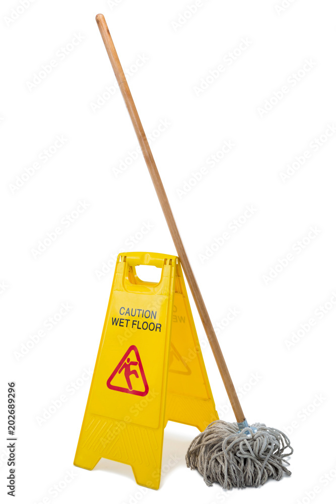 Fotografia Yellow sign board with mop