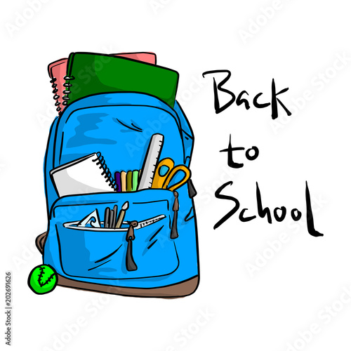 Blue school bag with items for students vector illustration sketch doodle hand drawn with black lines isolated on white background. Back to school concept.