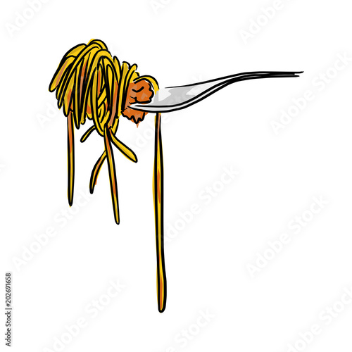 Italian pasta roll on the fork vector illustration sketch doodle hand drawn with black lines isolated on white background