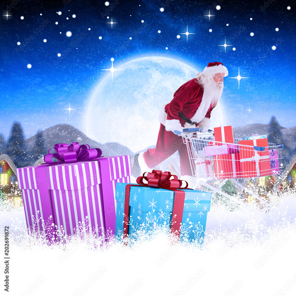 Santa pushes a shopping cart against quaint town with bright moon