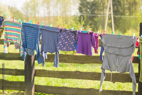 Clothes hanging on washing line in outdoor.