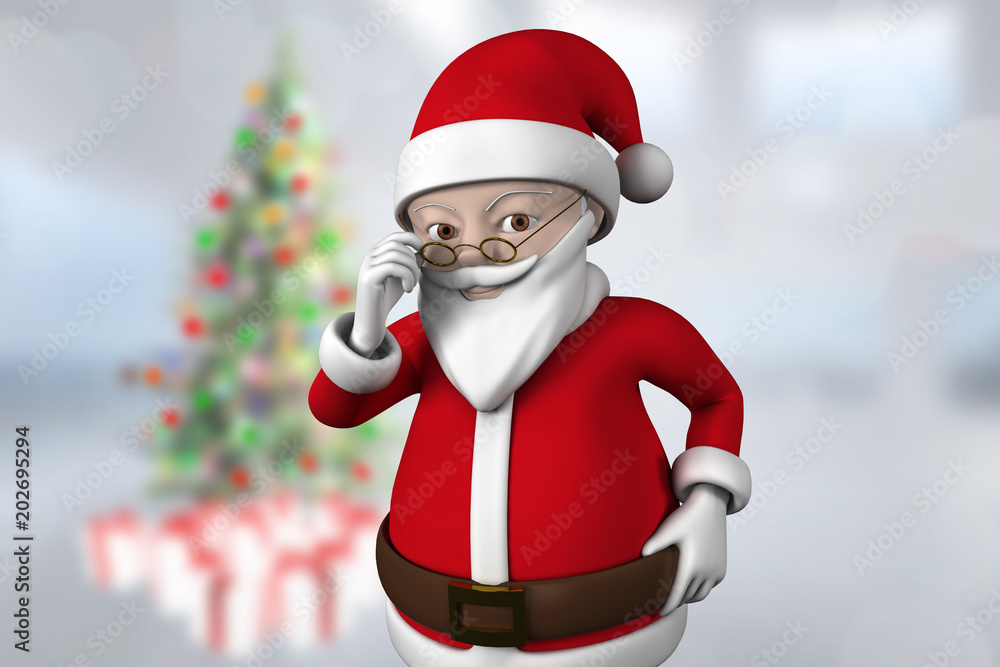 Cute cartoon santa claus against blurry christmas tree in room Cute cartoon santa claus against blurry christmas tree in room