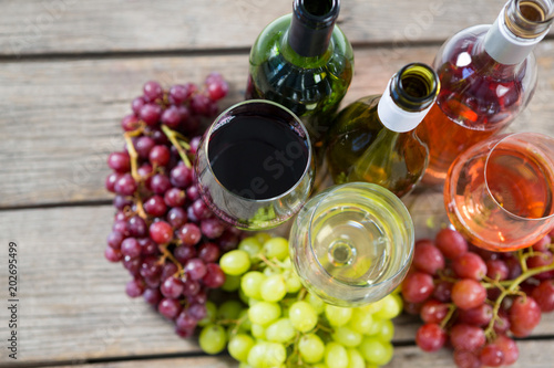Bunches of various grapes with wine glass and bottles