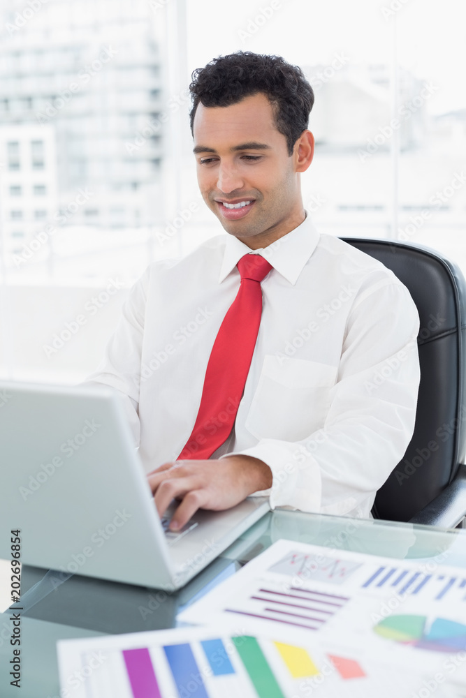 Smiling young businessman with laptop and graphs Smiling young businessman with laptop and graphs