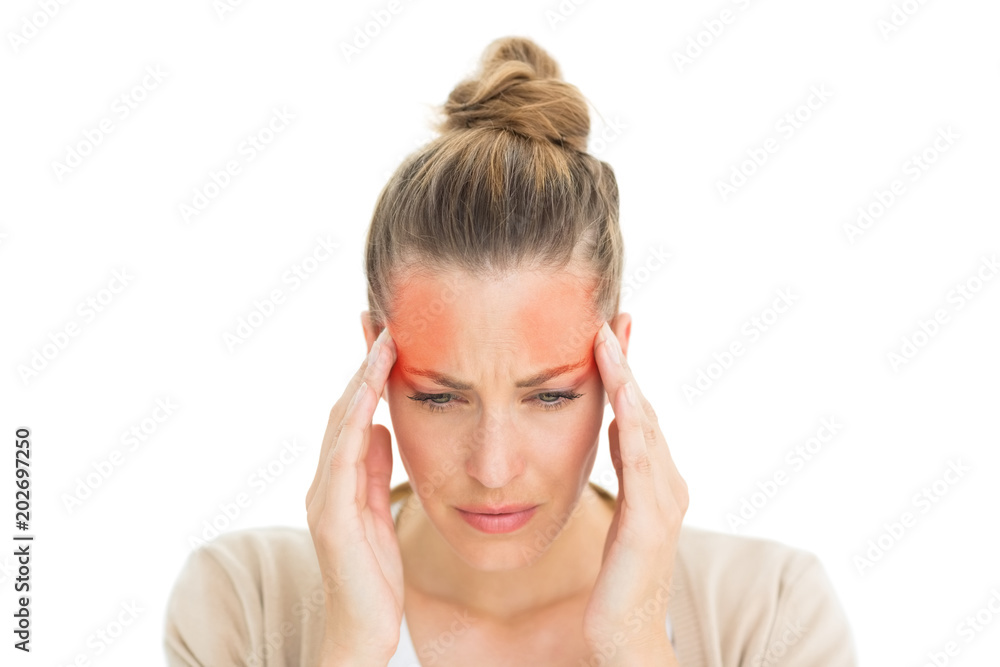 Woman with headache touching her temples on white background Woman with headache touching her temples on white background