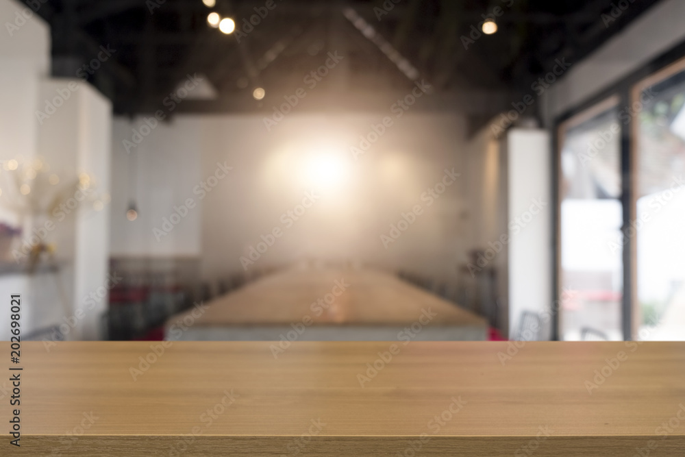 Empty wooden table platform blur background