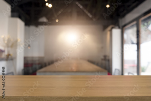 Empty wooden table platform blur background