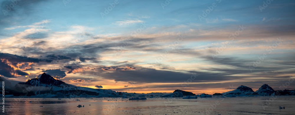 Panoramic view of sunset in Antarctica