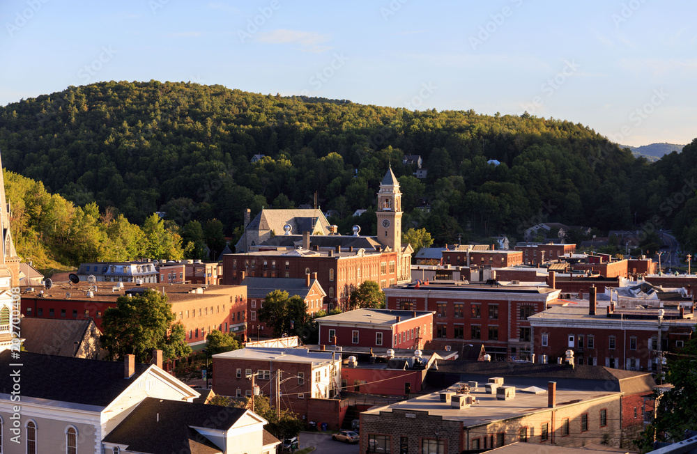 View of small New England town at sunset from above
